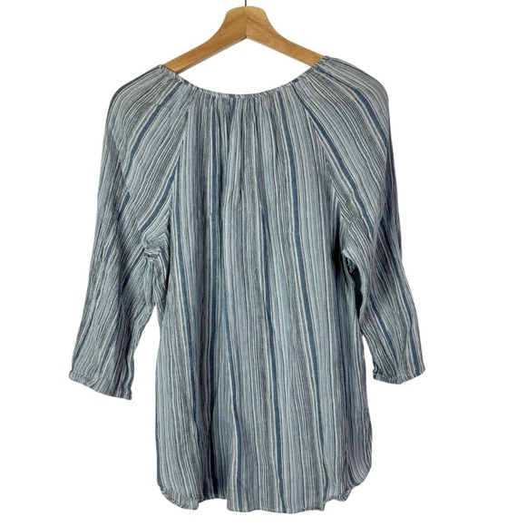 Chaps Blue Stripe Henley Textured Cotton Long Sleeve Blouse L - Picture 2 of 4